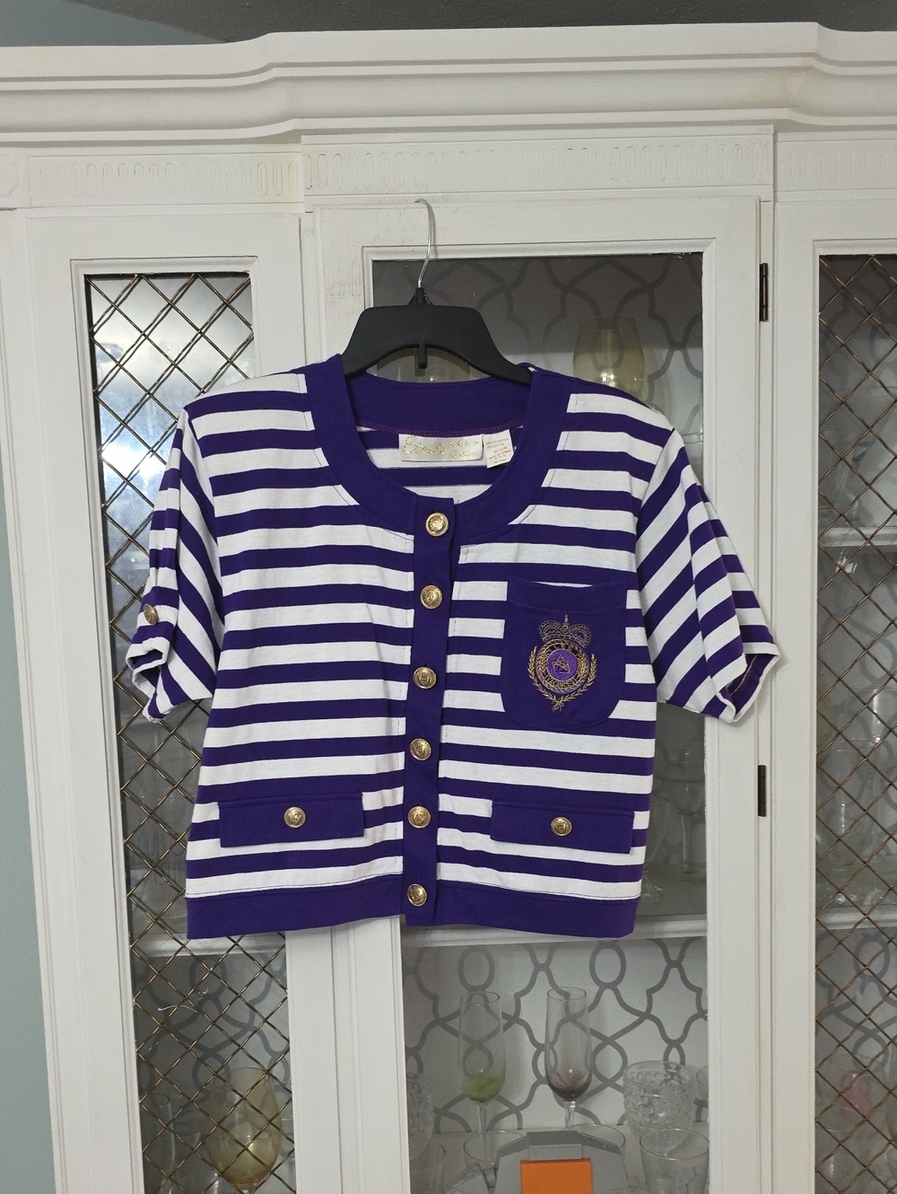 Vintage Purple & White Striped Button-Front Short Sleeve Top with Crest